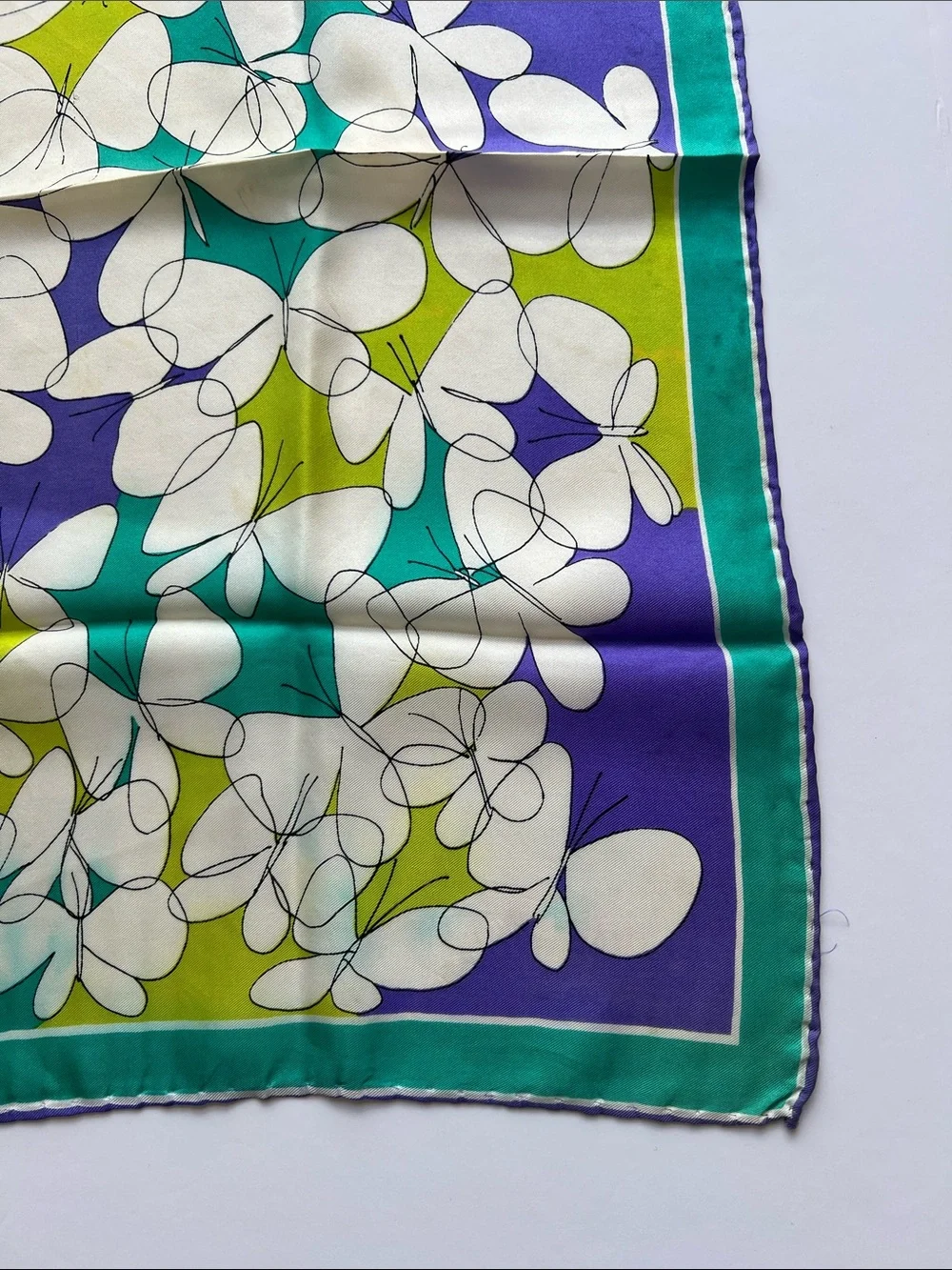 Vintage Vera Neumann Silk Scarf in Teal, Lime & Purple with butterfly motif.